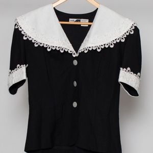 Black Vintage Top with white Peter Pan Collar